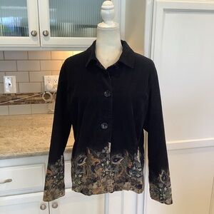 Chico’s Black Corduroy Jacket Size Large (2) Feather & Floral Button Close